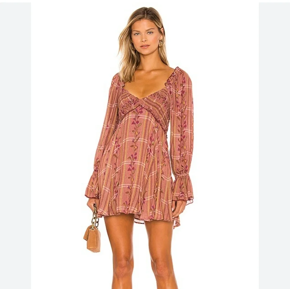 Free People Rust-Peach Floral Long Sleeve Mini Dress - Picture 3 of 15
